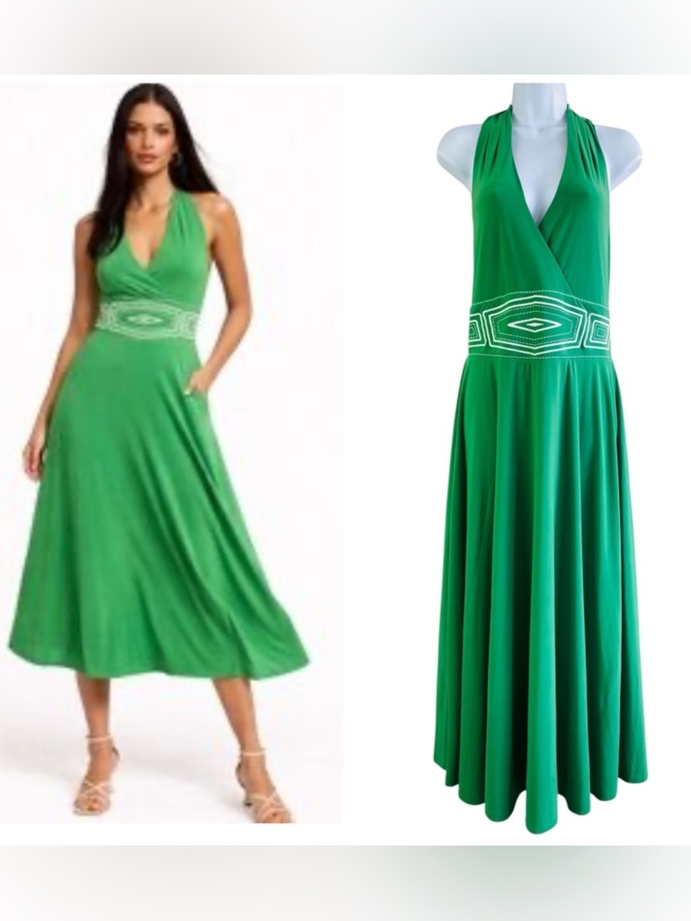 WHBM Green Embroidered Halter Midi Dress Size 8